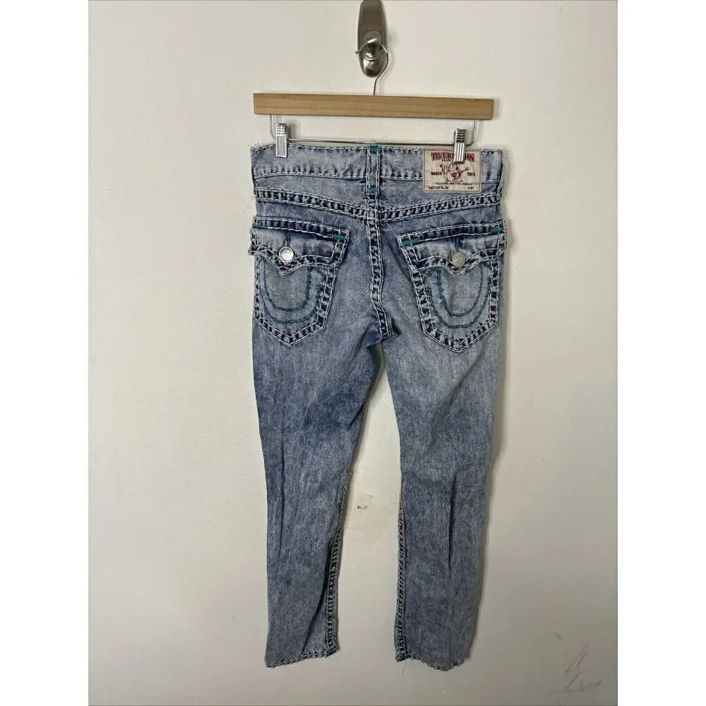 True Religion Men 30X33 Slim Blue Stitch Denim Jeans Stone Wash Distressed‎